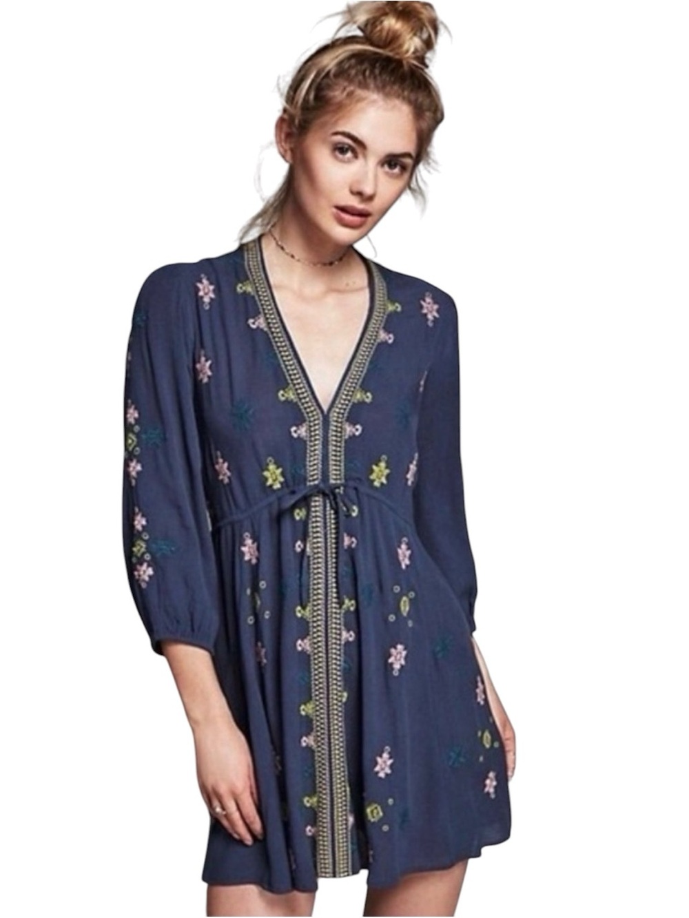 Free People Stargazer Embroidered Mini Dress Navy Boho Tunic Small Fairycore